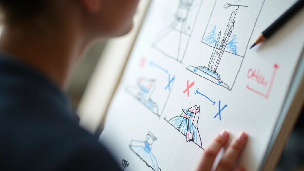 Close-up Storyboard mit verschiedenen Pfeilen und Annotationen für Kamerabewegungen