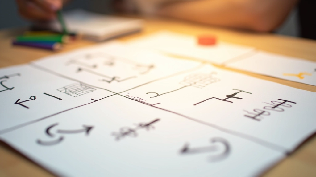 Close-up von Storyboard-Panels mit Bewegungspfeilen und Animationsnotizen handgeschrieben