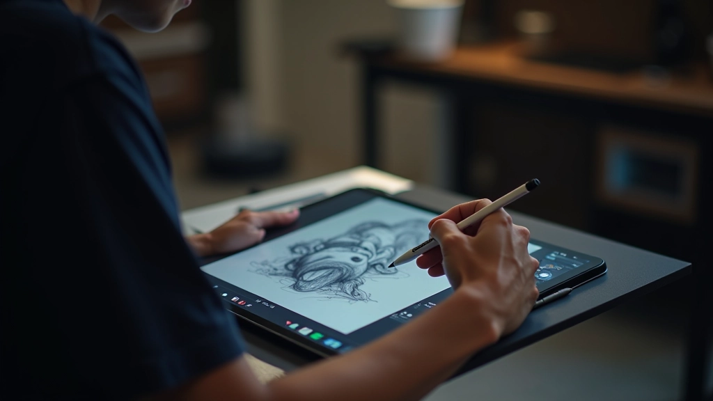 Digitales Storyboarding auf iPad mit Clip Studio Paint, mehrere Panels auf dem Bildschirm, Stylus in Hand