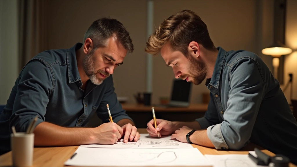 Regisseur und Storyboard Artist besprechen Szenenablauf an einem Schreibtisch mit Skizzen und Notizen