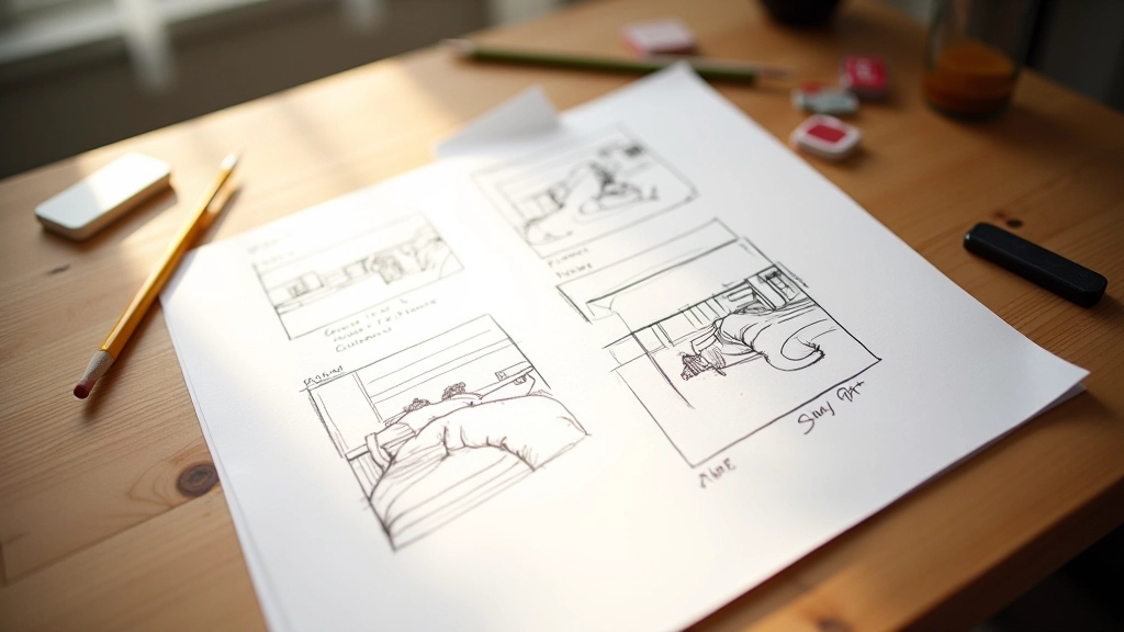 Traditionelles Storyboard auf Papier mit Bleistiftskizzen, Radierer und Skizzenblock auf Zeichentisch