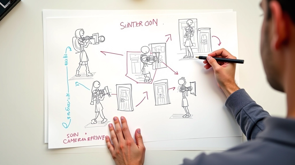 Beispiel-Storyboard zeigt Kamerafahrt mit Pfeilen und Positionslinien von Frame zu Frame