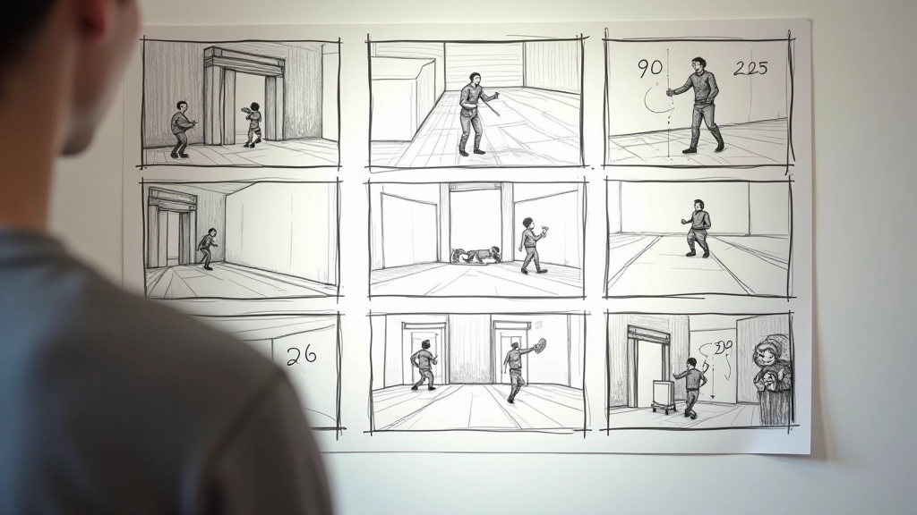 Storyboard-Sequenz zeigt Timing-Angaben neben Frames mit Kamerabewegung