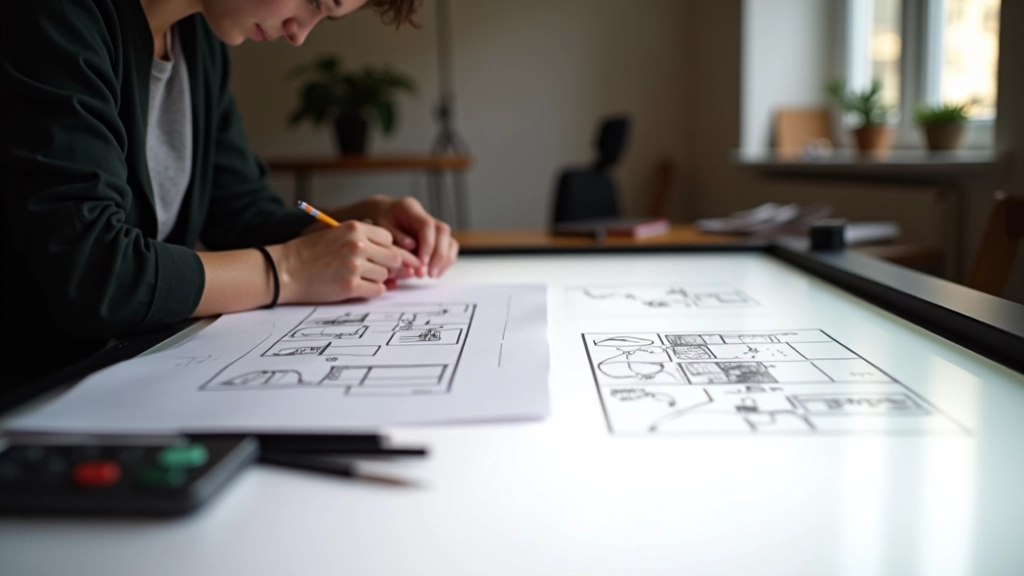 Storyboard-Skizzen auf einem Leuchtkasten mit Animator bei der Arbeit in einem hellen Studio