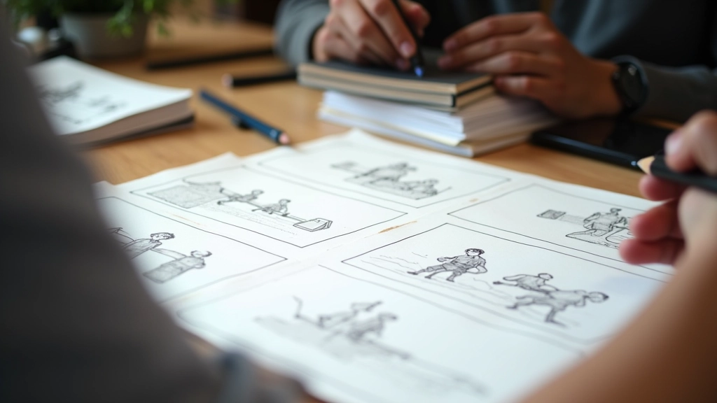 Storyboard-Panel zeigt statische Kameraposition mit Markierungen für Bildausschnitt und Tiefenschärfe