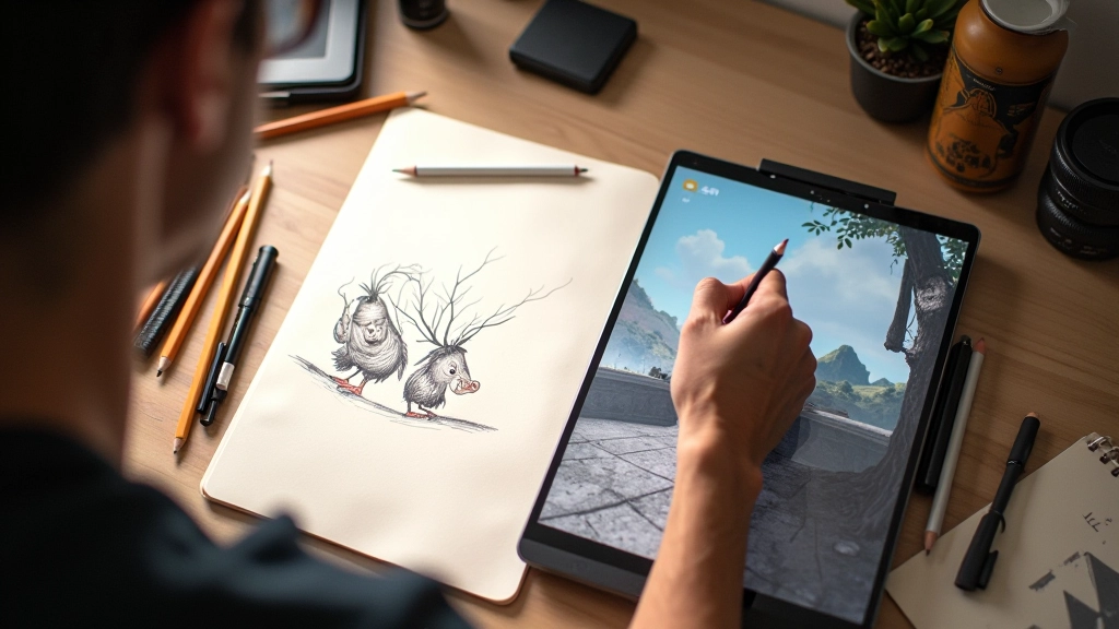 Künstler mit Storyboard-Skizzen auf Papier und digitalem Tablet nebeneinander auf Schreibtisch