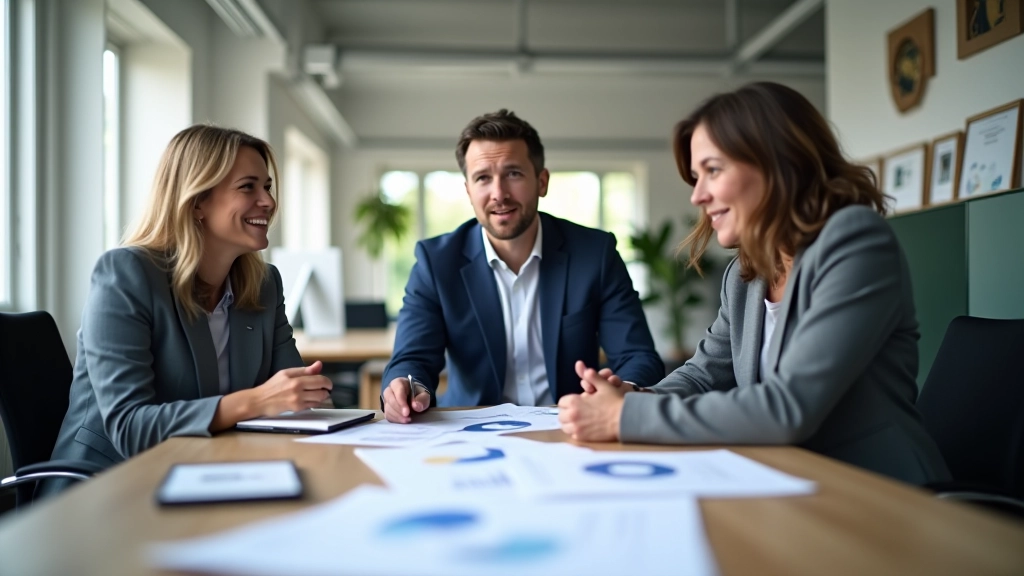 Gründer-Team in modernem Büro bei Besprechung mit Finanzunterlagen, konzentrierte Arbeitsatmosphäre, professionelle Umgebung
