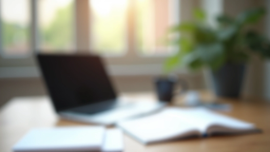 Modernes Finanz-Workspace mit Laptop, Notizbuch und Finanzunterlagen auf Holztisch, natürliches Licht