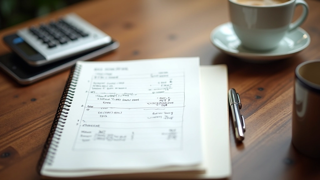 Notebook mit Stiftnotizen auf Holztisch neben Tasse Kaffee und Smartphone