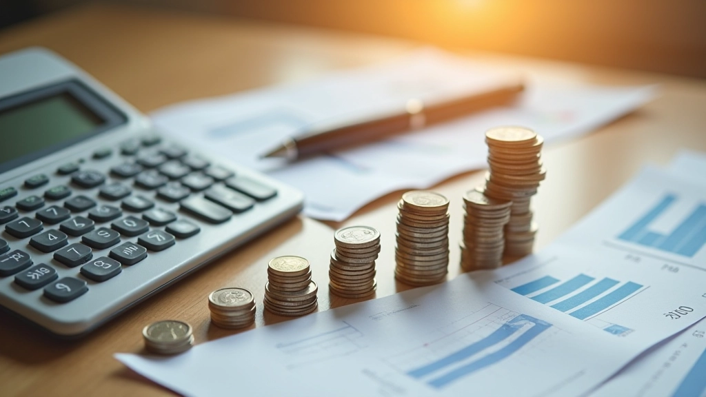 Kalkulator neben Münzenstapel zeigt finanzielle Planung und Sparplanrechnung