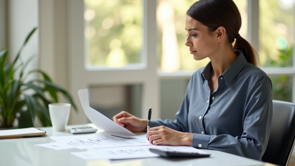 Frau arbeitet an Steuererklärung mit Dokumenten und Taschenrechner