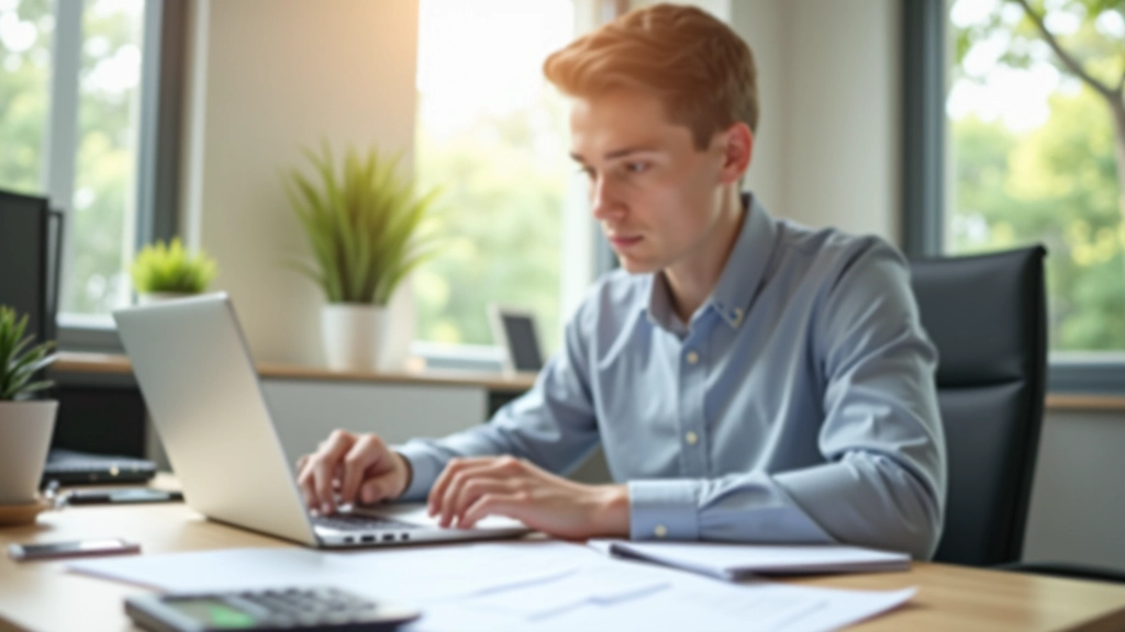 Junge Person am Schreibtisch mit Laptop, umgeben von Finanzunterlagen, konzentriert auf Bildschirm, modernes Heimbüro mit Tageslicht